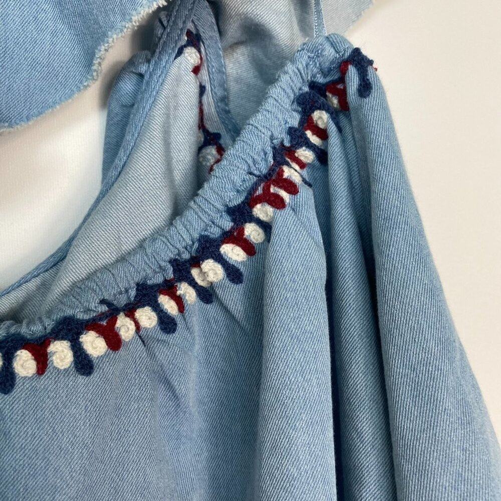 Zara Blue Asymmetrical One-Shoulder Embroidered Boho Ruffled Crop Top - Picture 7 of 12